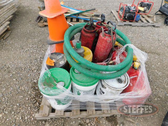 Pallet of asst. gas cans, (3) sprayers, curing oil - traffic cones_1.jpg